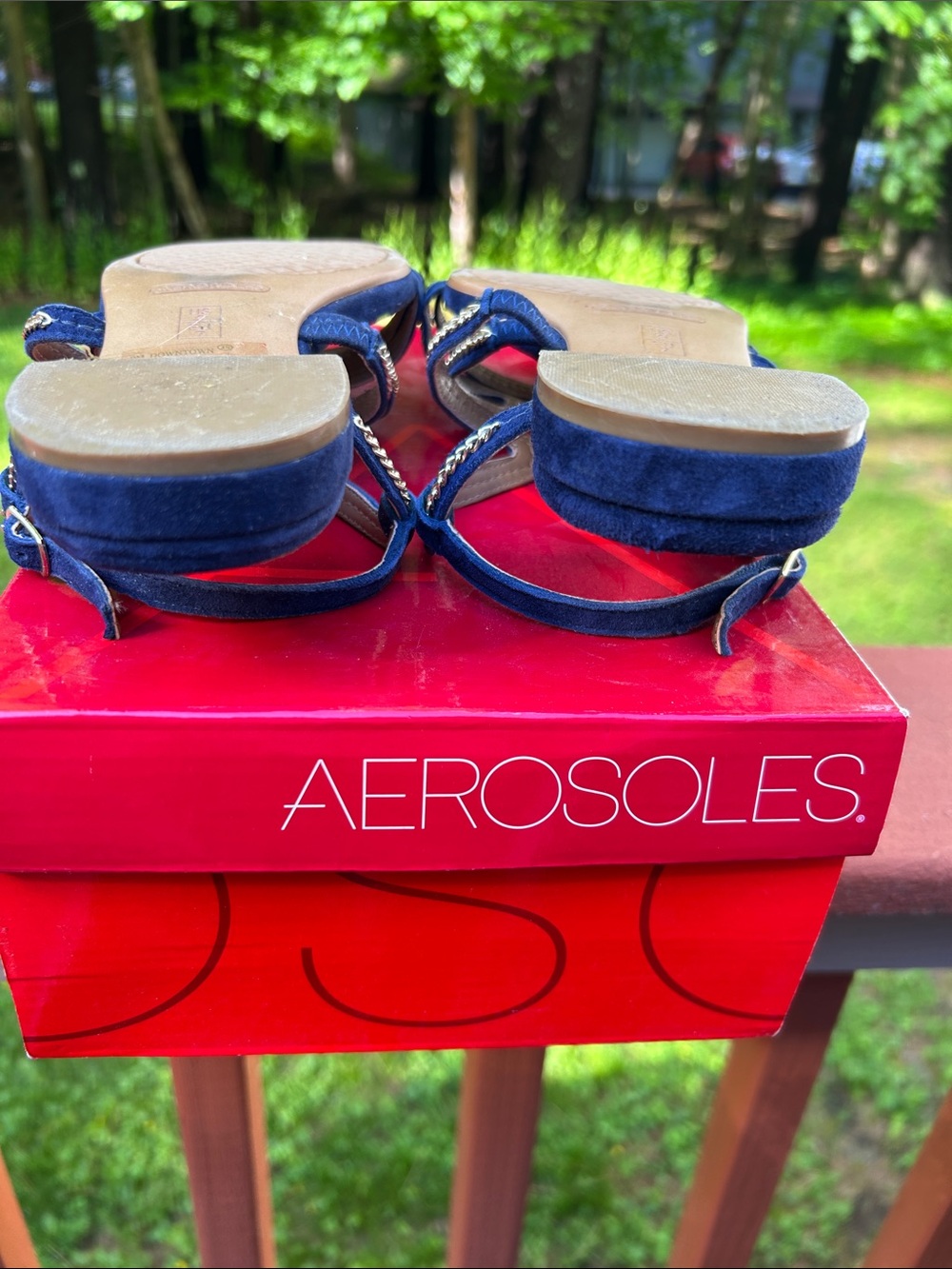 AEROSOLES Navy Blue Suede Chain-Trim Sandals - Picture 6 of 6